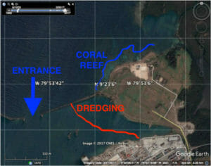 Proposed port lies right next to healthy coral reef in front of Isla Margarita, just outside the Panama Canal entrance.