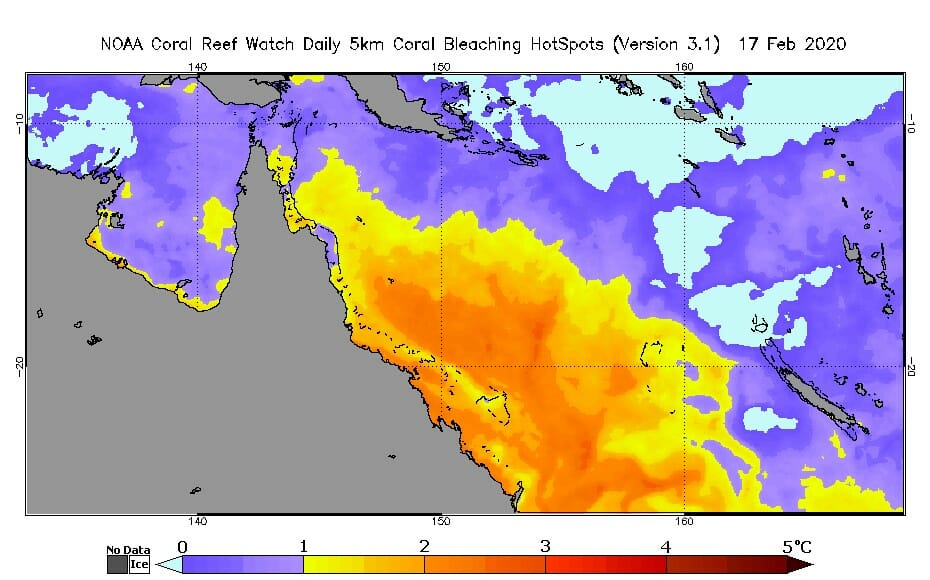 Great Barrier Reef now at severe bleaching temperatures